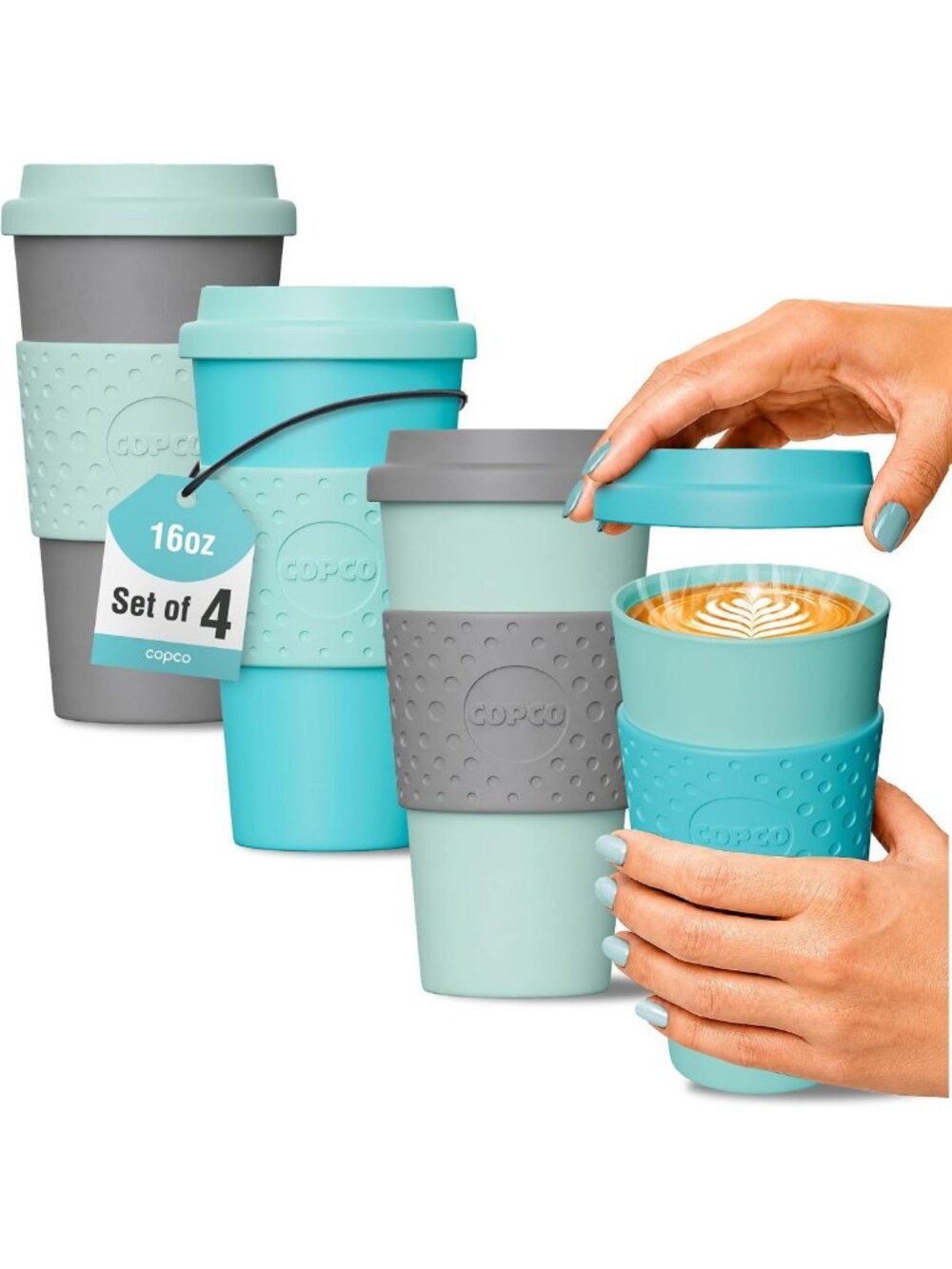 Set of 4 Travel Mugs, 16 Oz - Aqua & Mint, Aqua & Grey - Insulated Coffee Cups